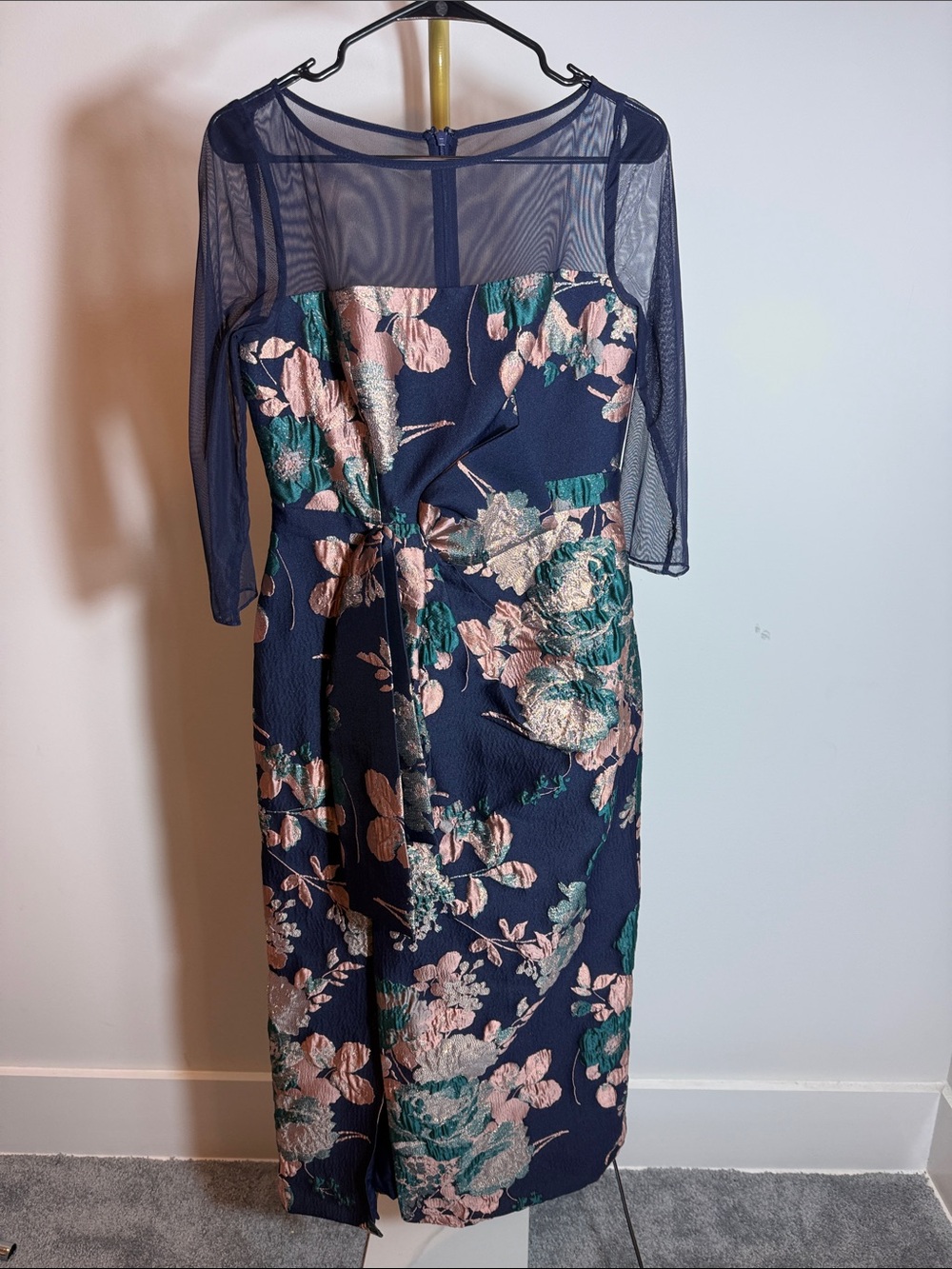 Kay Unger Catrina 3D Bow Floral Jacquard Tea Length Dress Navy Size 8